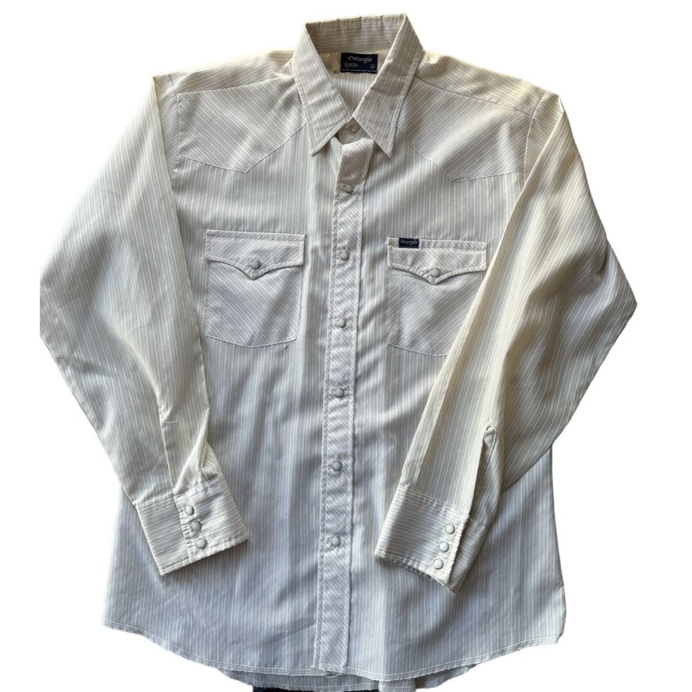 Vintage Wrangler Western Snap Shirt Striped Pearl Snap Cowboy Cream Tan Large d2